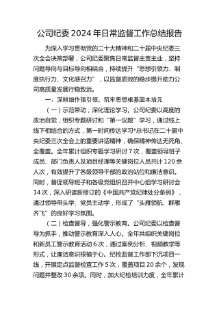 公司纪委日常监督工作总结报告