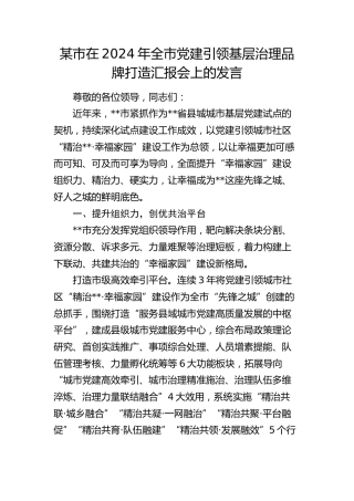 市在全市党建引领基层治理品牌打造汇报会上的发言
