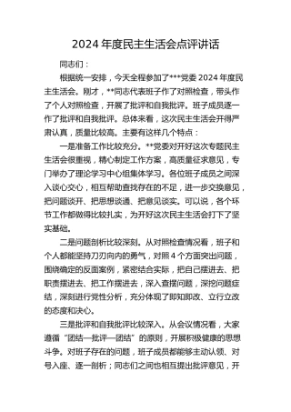 2024年度民主生活会点评讲话(公司)