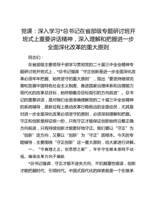 党课：学习总书记在省部级三中全会专题研讨班开班式上重要讲话精神，深入理解和把握进一步全面深化改革的重大原则