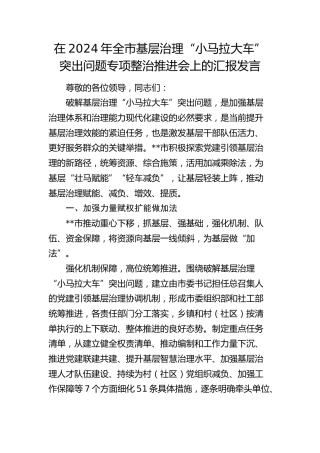 全市基层治理“小马拉大车”突出问题专项整治推进会上的汇报发言