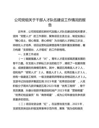 公司干部人才队伍建设工作情况报告1
