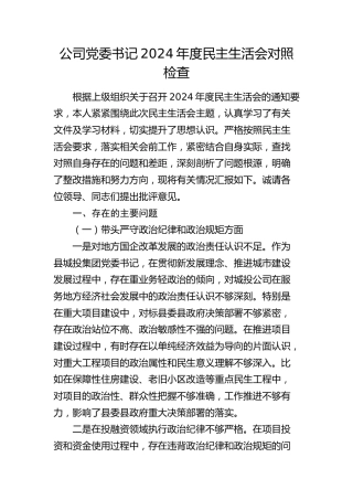 公司党委书记2024年度民主生活会对照检查4400字（四个带头）