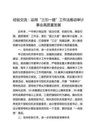 经验交流：运用“三引一提”工作法推动审计事业高质量发展（发言）