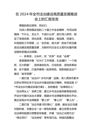 在全市法治建设高质量发展推进会上的汇报发言
