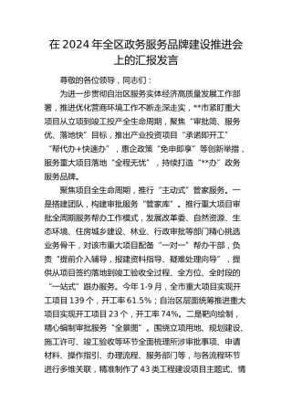 在全区政务服务品牌建设推进会上的汇报发言
