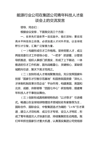 能源行业公司在青年科技人才座谈会上的交流发言