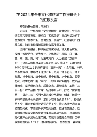 在全市文化和旅游工作推进会上的汇报发言