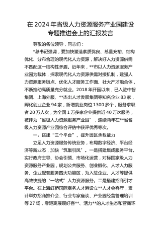 在省级人力资源服务产业园建设专题推进会上的汇报发言