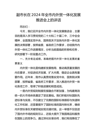 副市长在全市内外贸一体化发展推进会上的讲话