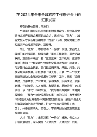 在全市全域旅游工作推进会上的汇报发言