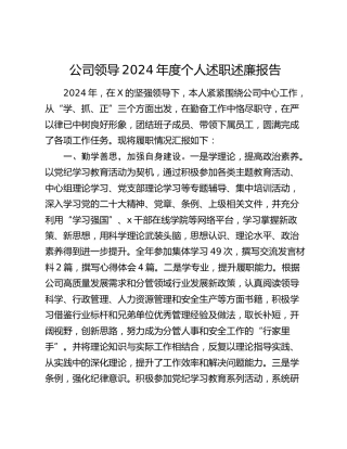 公司领导2024年度个人述职述廉报告3100字