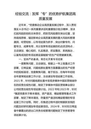 经验交流：发挥“专”的优势 护航集团高质量发展（发言）