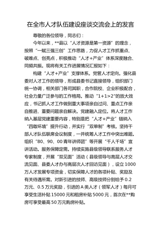 在全市人才队伍建设座谈交流会上的发言2