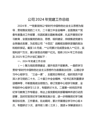 公司2024年党建工作总结及2025年工作计划4500字