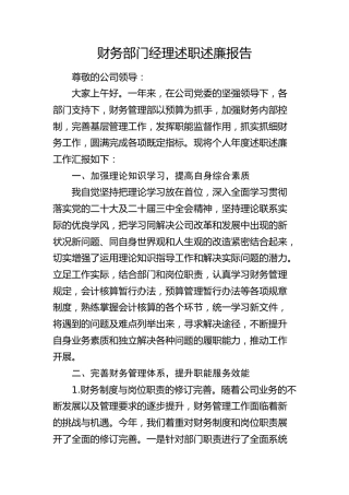 公司财务部门经理年度述职述廉报告