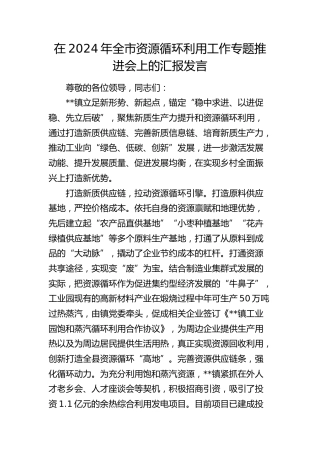 在全市资源循环利用工作专题推进会上的汇报发言