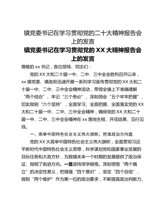 镇党委书记在学习贯彻党的二十大精神报告会上的发言