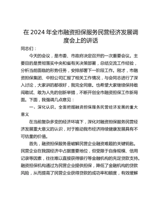 在2024年全市融资担保服务民营经济发展调度会上的讲话