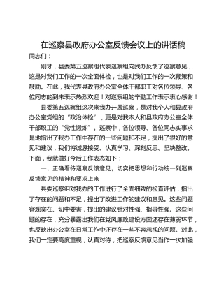 在巡察县政府办公室反馈会议上的讲话稿
