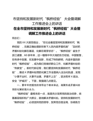 市坚持和发展新时代“枫桥经验” 大会暨调解工作推进会上的讲话