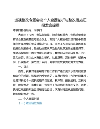 巡视整改专题会议个人查摆剖析与整改措施汇报发言提纲