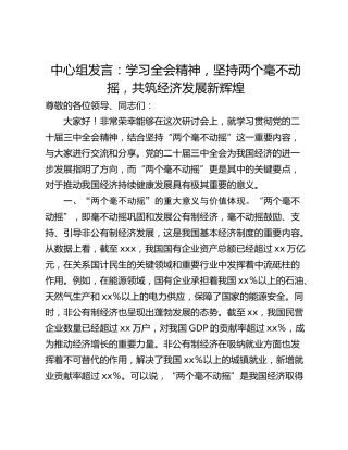 中心组发言：学习全会精神，坚持两个毫不动摇，共筑经济发展新辉煌