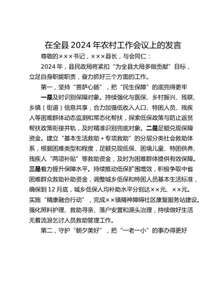 在全县2024年农村工作会议上的发言