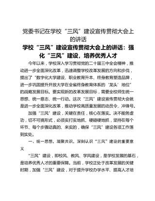 党委书记在学校“三风”建设宣传贯彻大会上的讲话