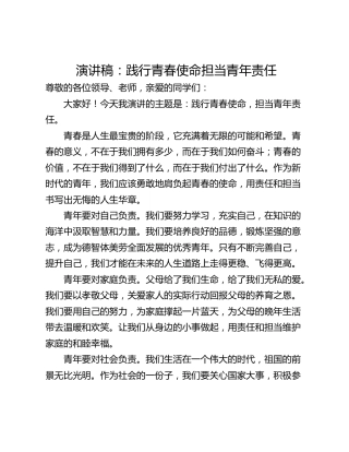 演讲稿：践行青春使命担当青年责任