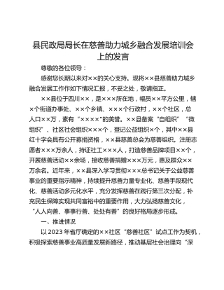 县民政局局长在慈善助力城乡融合发展培训会上的发言