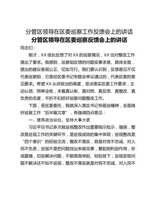 分管区领导在区委巡察工作反馈会上的讲话