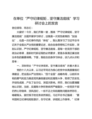 在单位“严守纪律规矩，坚守廉洁底线”学习研讨会上的发言