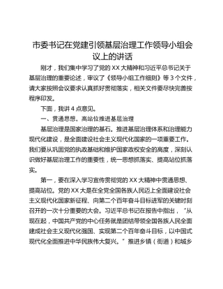 市委书记在党建引领基层治理工作领导小组会议上的讲话