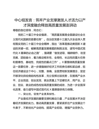 中心组发言：筑牢产业支撑激发人才活力以产才深度融合释放高质量发展澎湃动