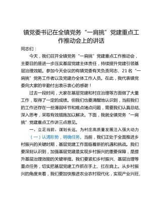 镇党委书记在全镇党务“一肩挑”党建重点工作推动会上的讲话