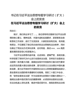 书记在习近平法治思想专题学习研讨（扩大）会上的发言