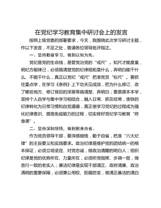在党纪学习教育集中研讨会上的发言