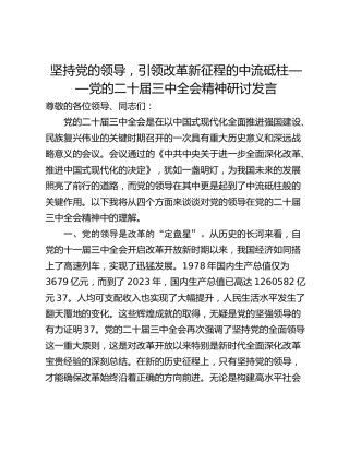 坚持党的领导，引领改革新征程的中流砥柱——党的二十届三中全会精神研讨发言