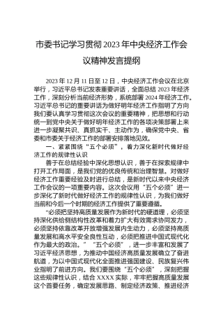市委书记学习贯彻2023年中央经济工作会议精神发言提纲