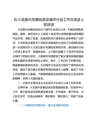 在X区振兴发展促进会城市分会工作交流会上的讲话