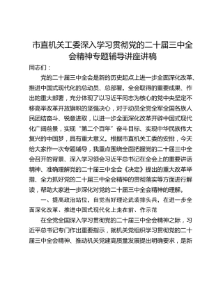 市直机关工委深入学习贯彻党的二十届三中全会精神专题辅导讲座讲稿