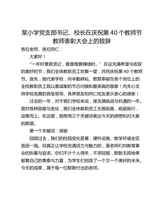 某小学党支部书记、校长在庆祝第40个教师节教师表彰大会上的致辞