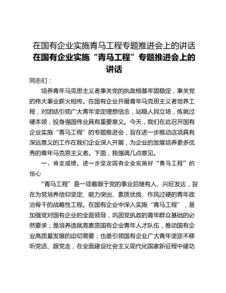 在国有企业实施青马工程专题推进会上的讲话