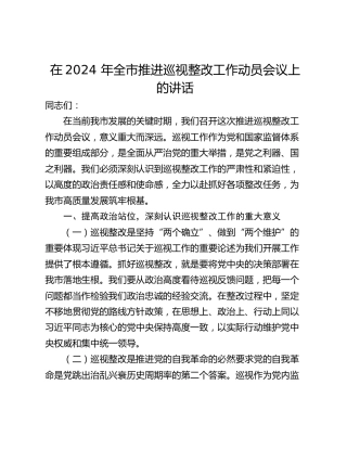 在2024 年全市推进巡视整改工作动员会议上的讲话