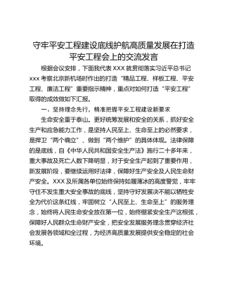 守牢平安工程建设底线护航高质量发展在打造平安工程会上的交流发言