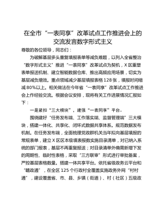在全市“一表同享”改革试点工作推进会上的交流发言数字形式主义