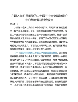 在深入学习贯彻党的二十届三中全会精神理论中心组专题研讨会发言