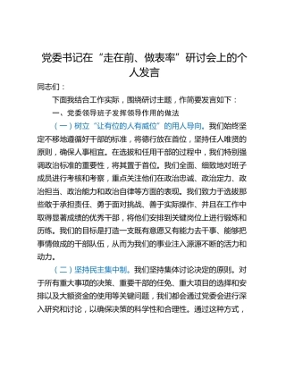 党委书记在“走在前、做表率”研讨会上的个人发言