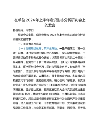 在单位2024年上半年意识形态分析研判会上的发言